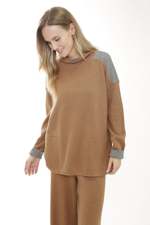 Cotton Blend Long Sleeve Double Sided Mock Neck Pullover