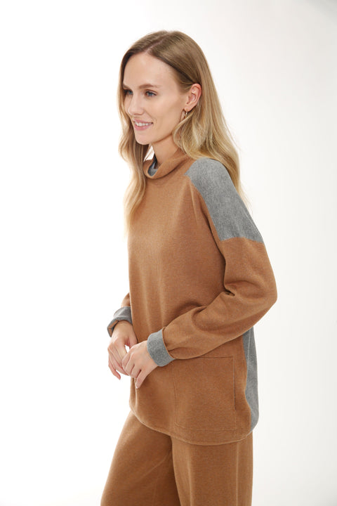 Cotton Blend Long Sleeve Double Sided Mock Neck Pullover