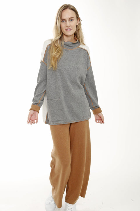 Cotton Blend Long Sleeve Double Sided Mock Neck Pullover