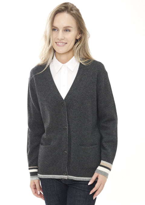 Cashmere Blend Long sleeve Button Front Cardigan with Contrast Trims