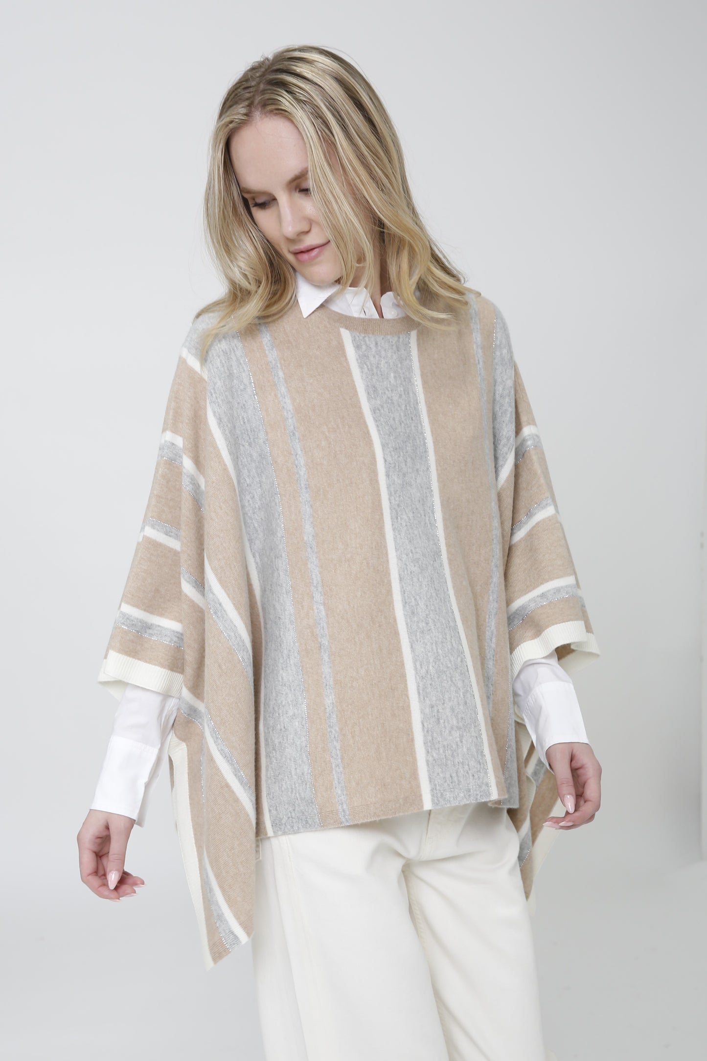 Cashmere Blend Stripe Poncho with Sparkle