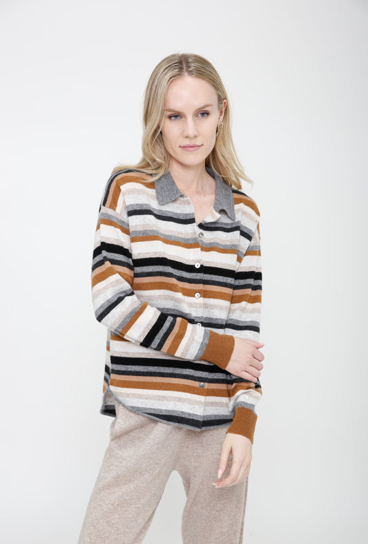Cashmere Long Sleeve Button Multi Stripe Shirt Sweater