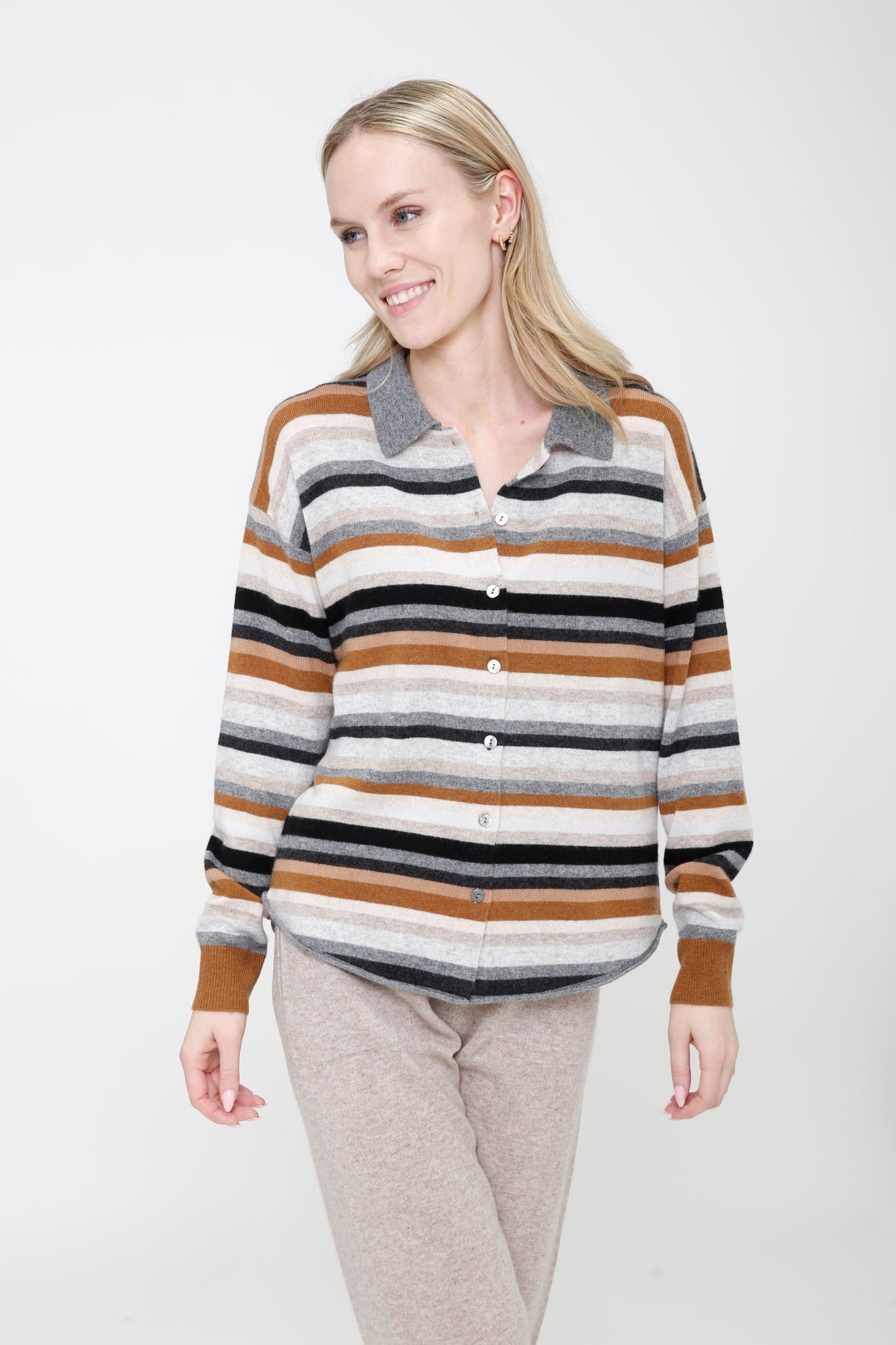 Cashmere Long Sleeve Button Multi Stripe Shirt Sweater