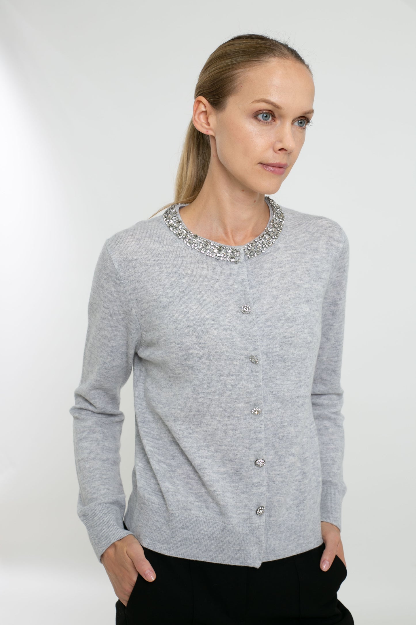 Cashmere Blend Long Sleeve Cardigan with Embellishment