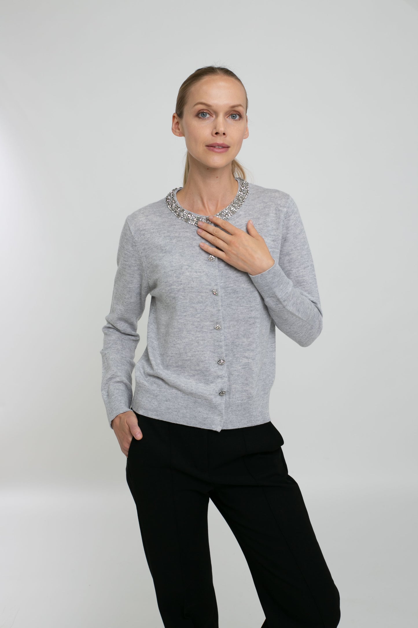 Cashmere Blend Long Sleeve Cardigan with Embellishment