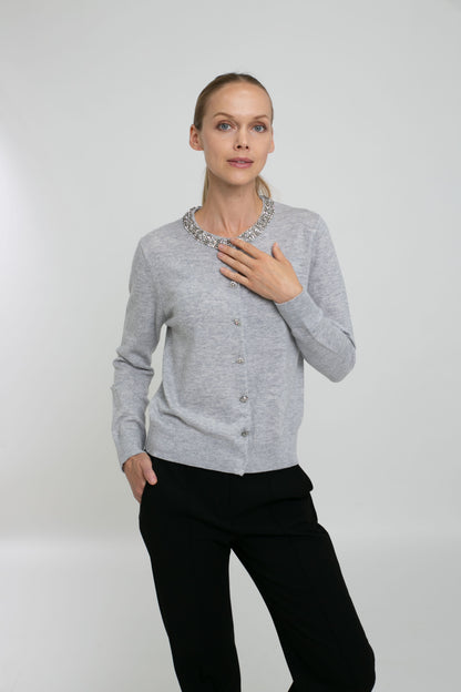 Cashmere Blend Long Sleeve Cardigan with Embellishment