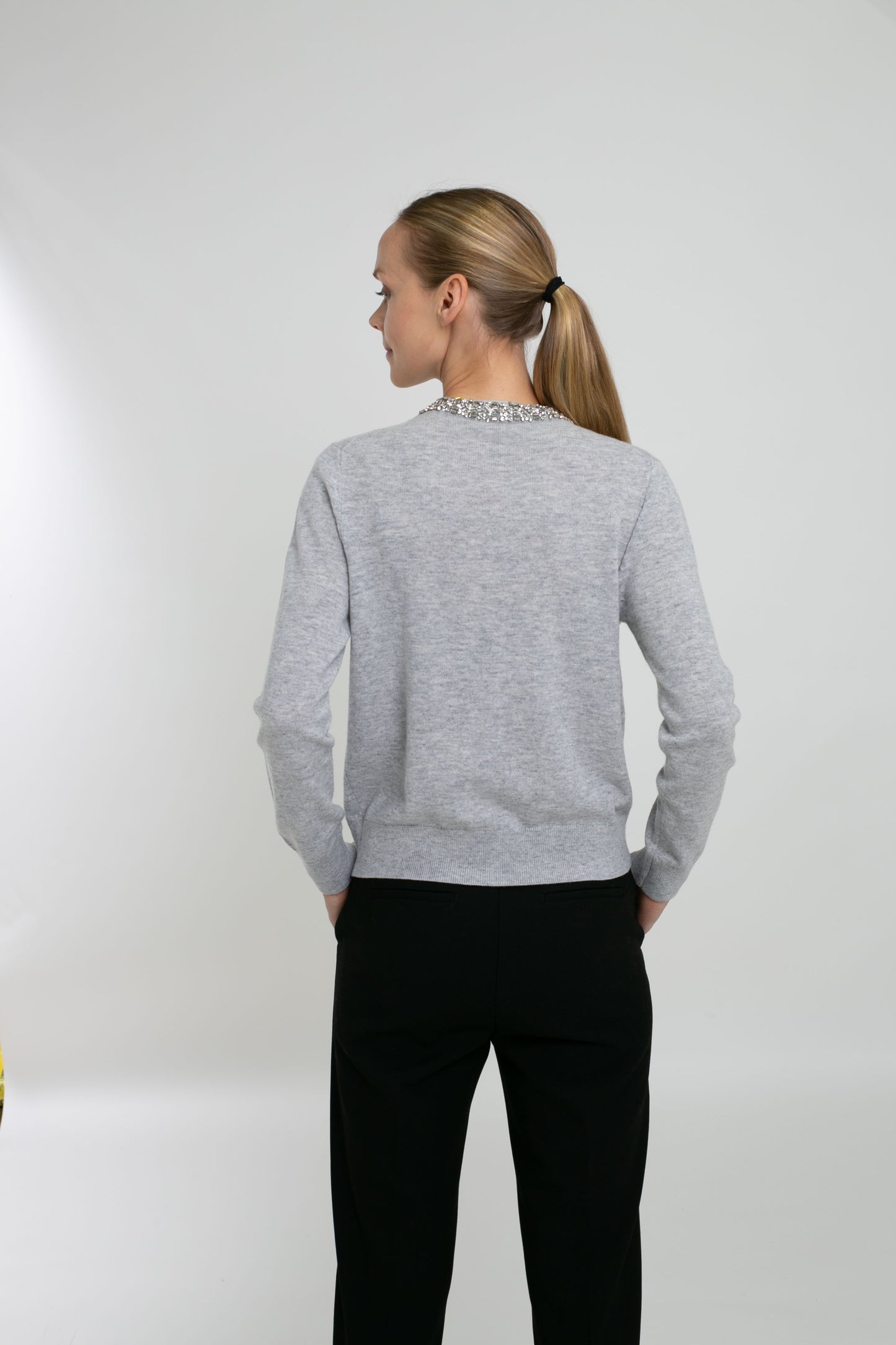 Cashmere Blend Long Sleeve Cardigan with Embellishment