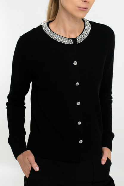 Cashmere Blend Long Sleeve Cardigan with Embellishment
