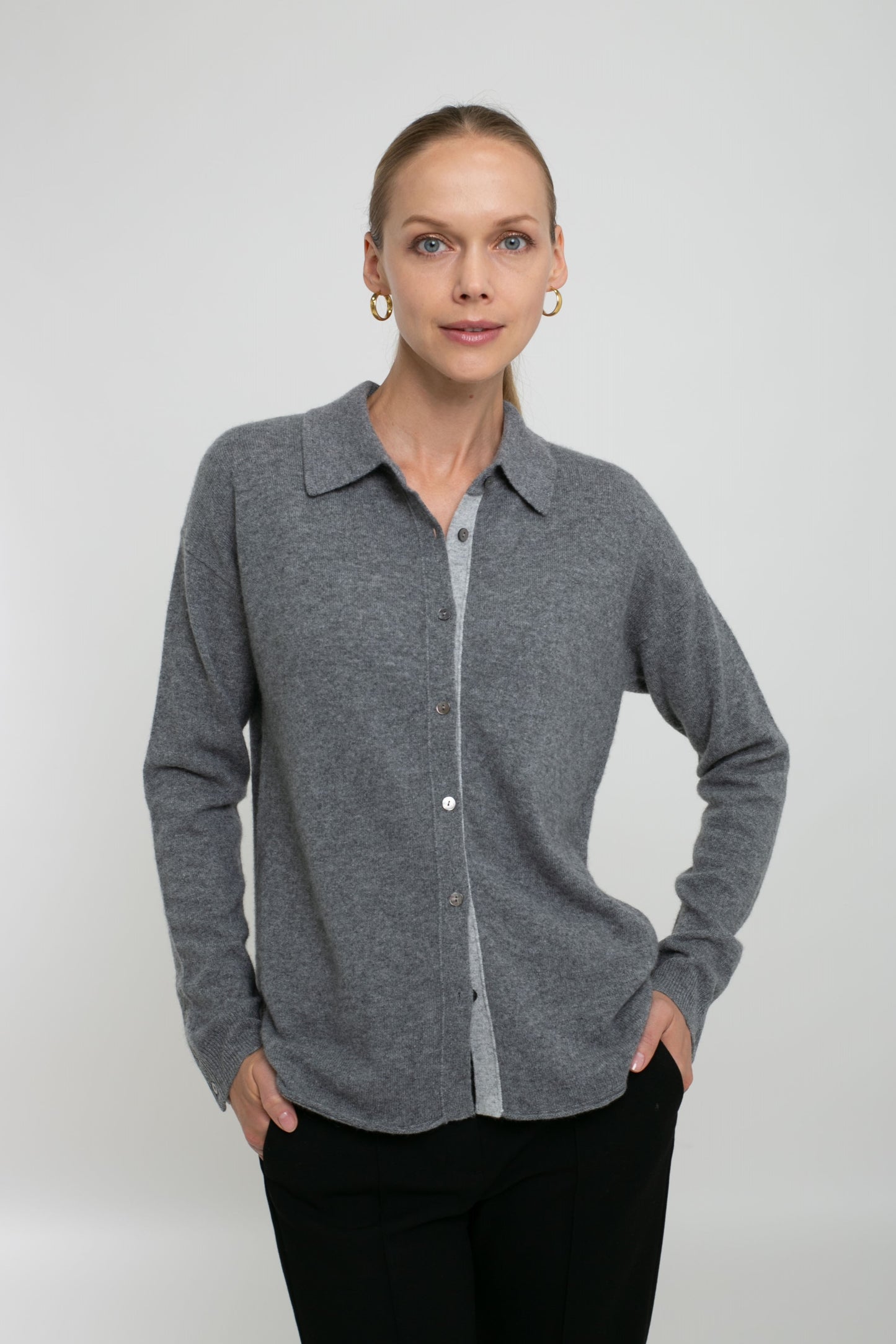 Cashmere Long Sleeve Knit Shirt with Contrast