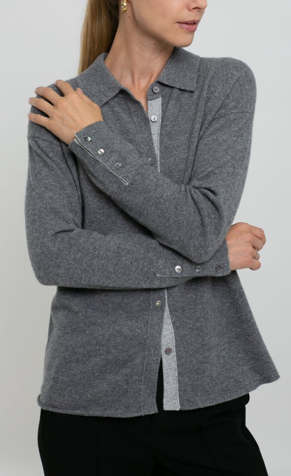 Cashmere Long Sleeve Knit Shirt with Contrast