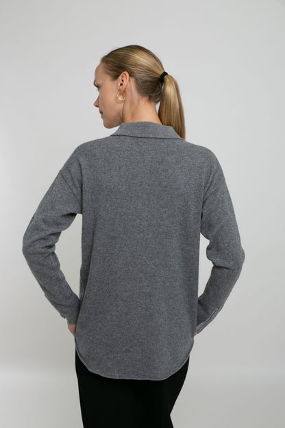 Cashmere Long Sleeve Knit Shirt with Contrast