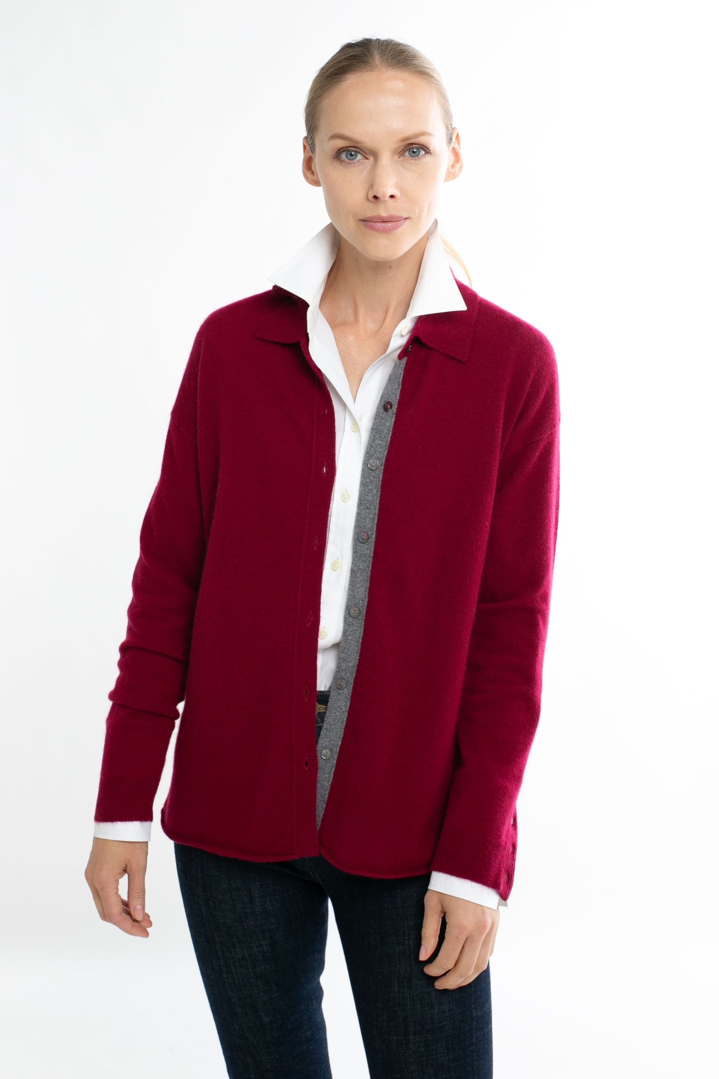Cashmere Long Sleeve Knit Shirt with Contrast