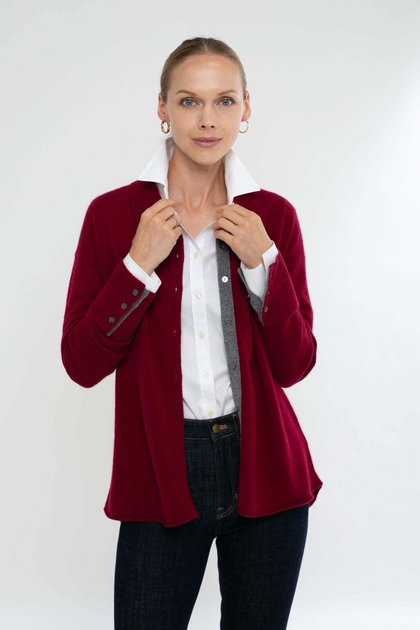 Cashmere Long Sleeve Knit Shirt with Contrast