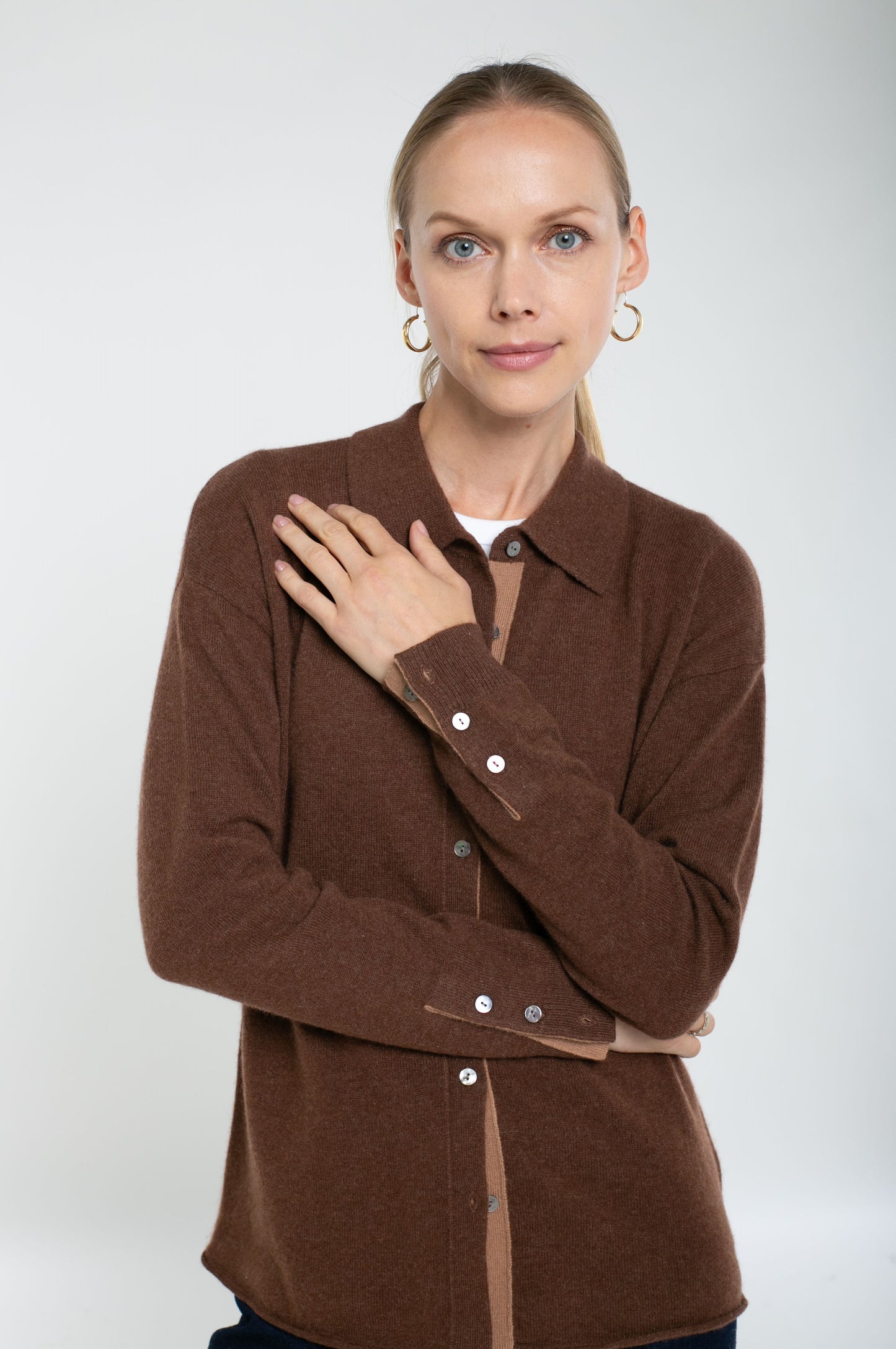 Cashmere Long Sleeve Knit Shirt with Contrast