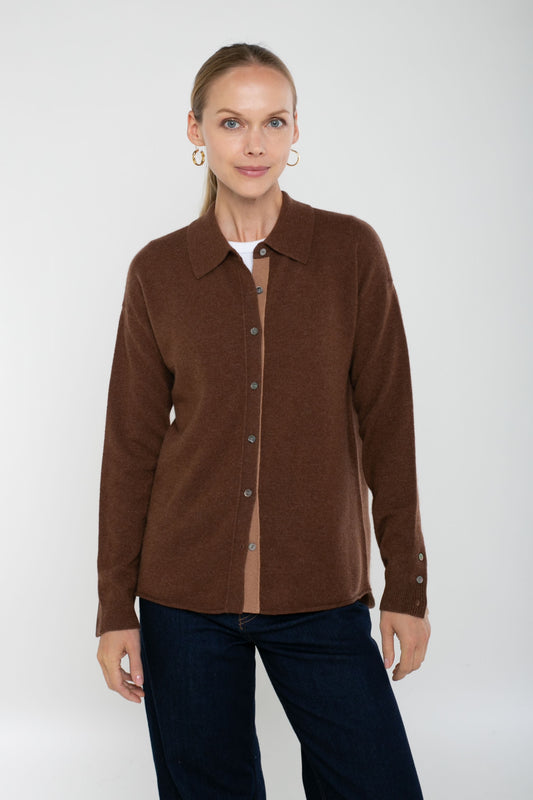Cashmere Long Sleeve Knit Shirt with Contrast