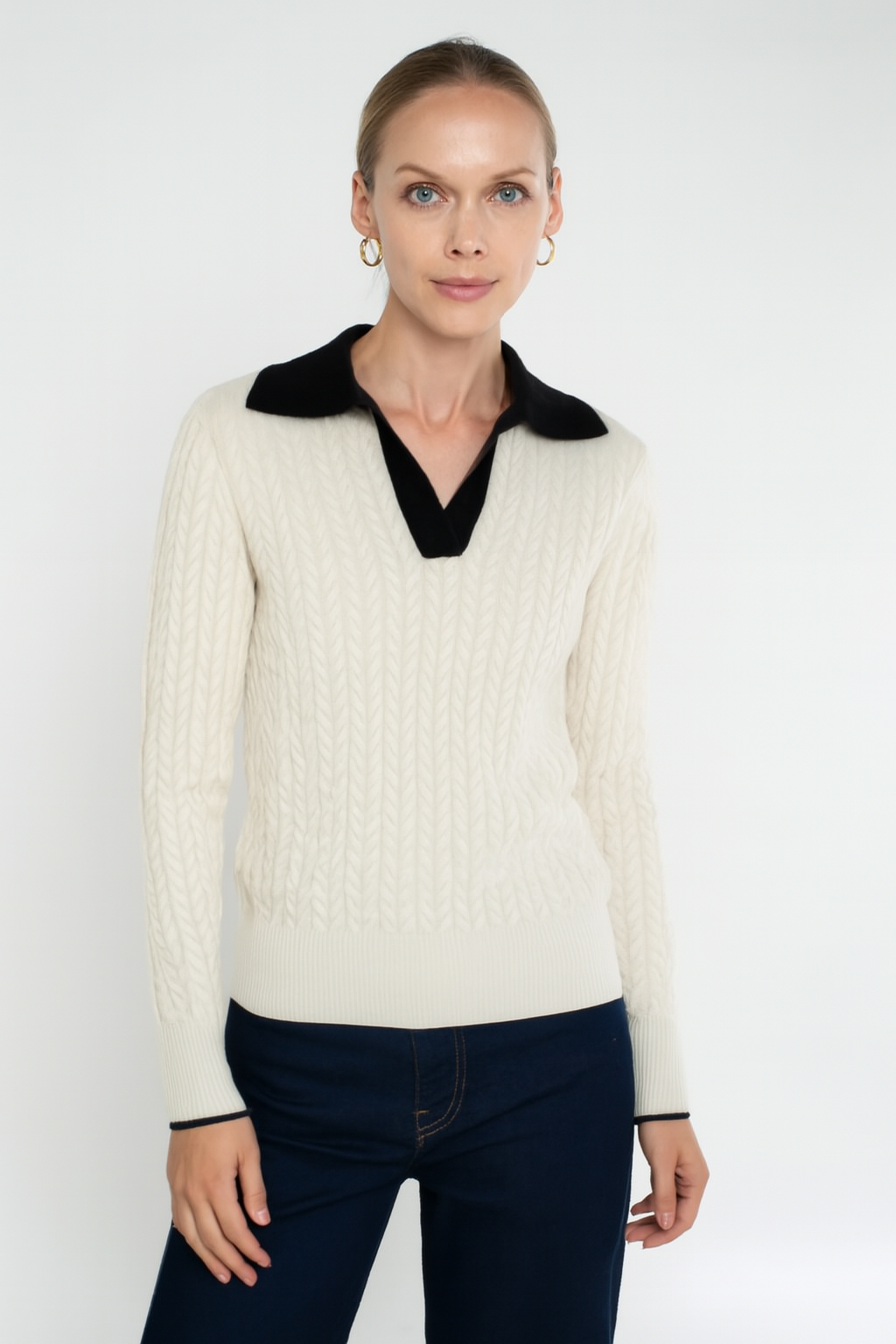 Cashmere Long Sleeve Cable with Contrast Collar
