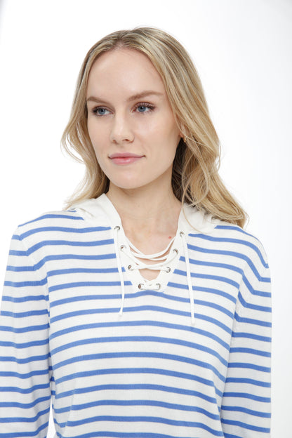 Long Sleeve Striped Lace Up Hooded Pullover