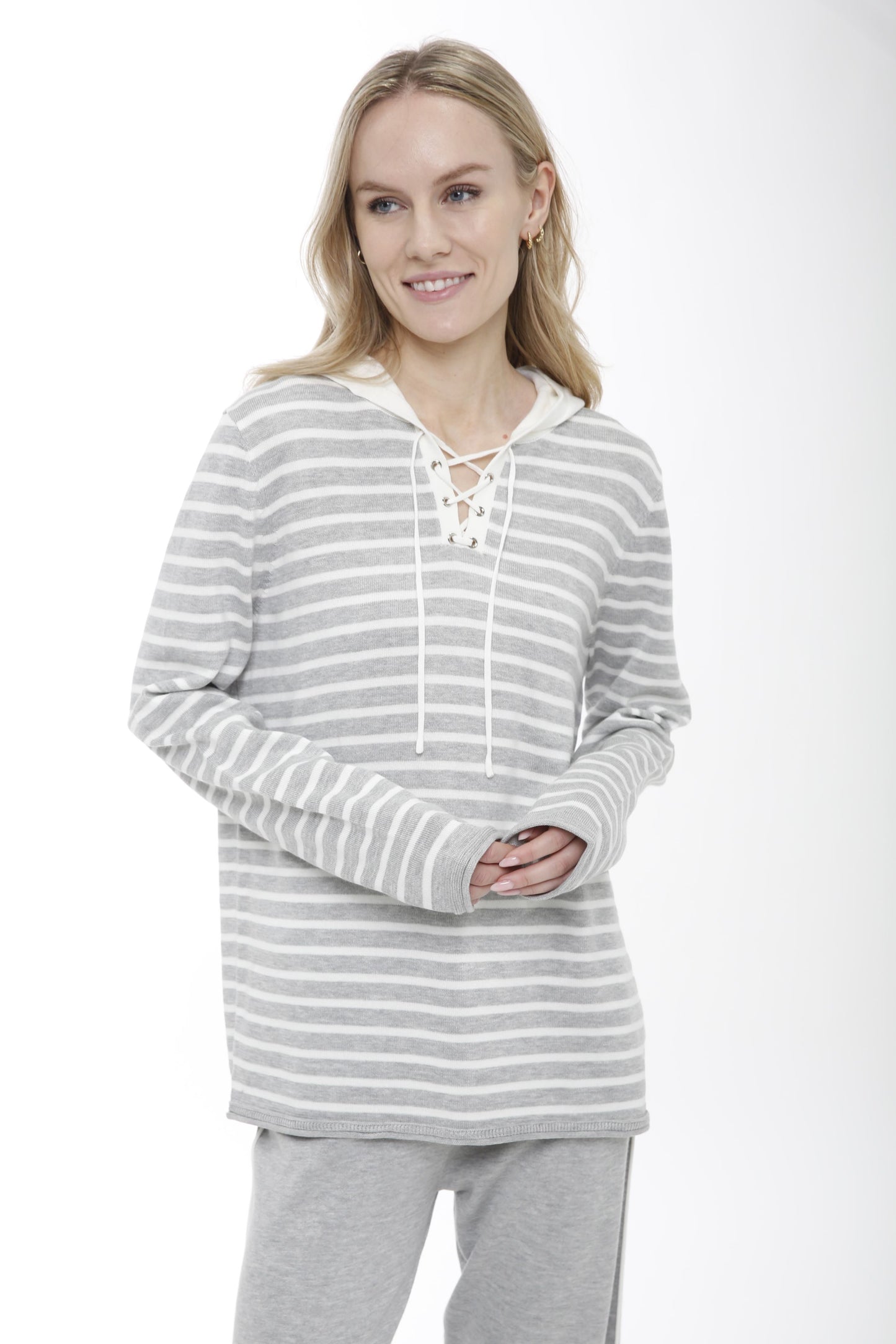 Long Sleeve Striped Lace Up Hooded Pullover