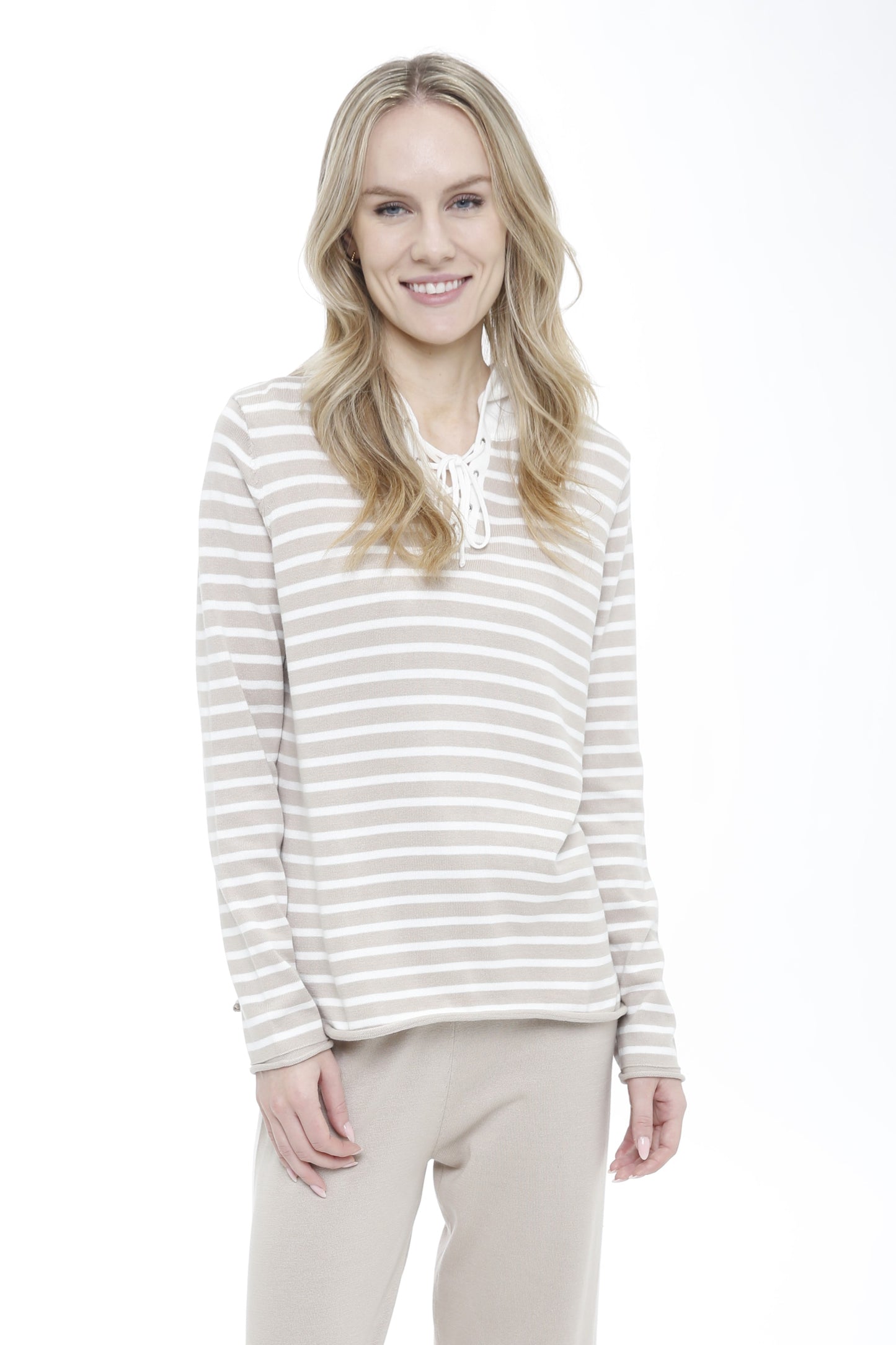 Long Sleeve Striped Lace Up Hooded Pullover