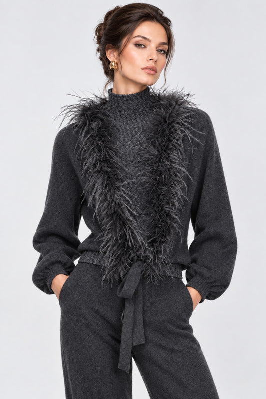 100% Cashmere Wrap Sweater With Feathers