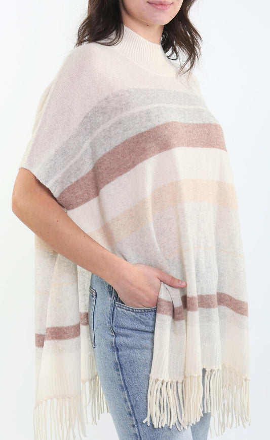Multi Color Stripe T-Neck Poncho 100% Cashmere - MSRP $299.00 - InCashmere