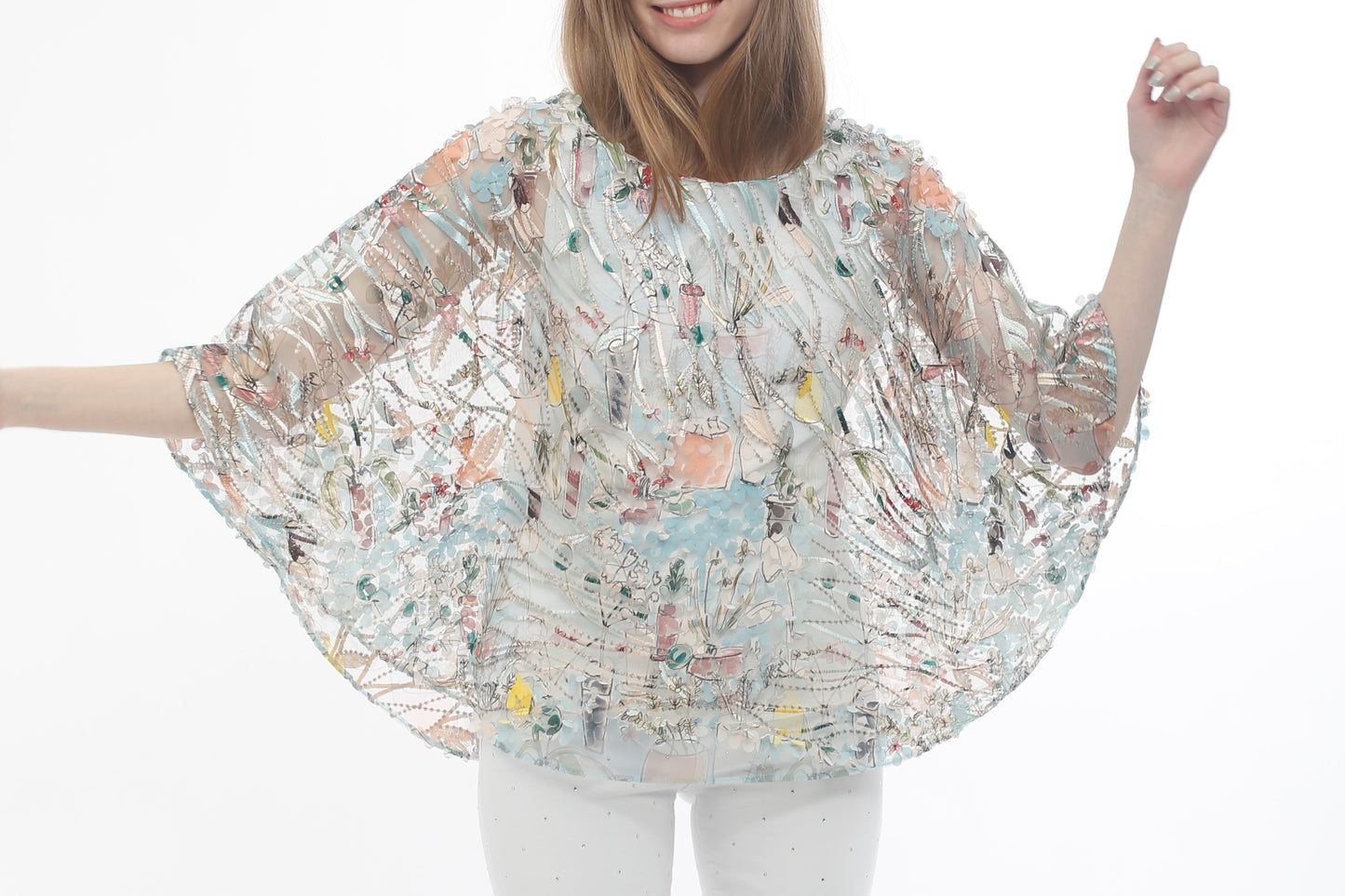 Woven Printed Poncho with Knit Tank