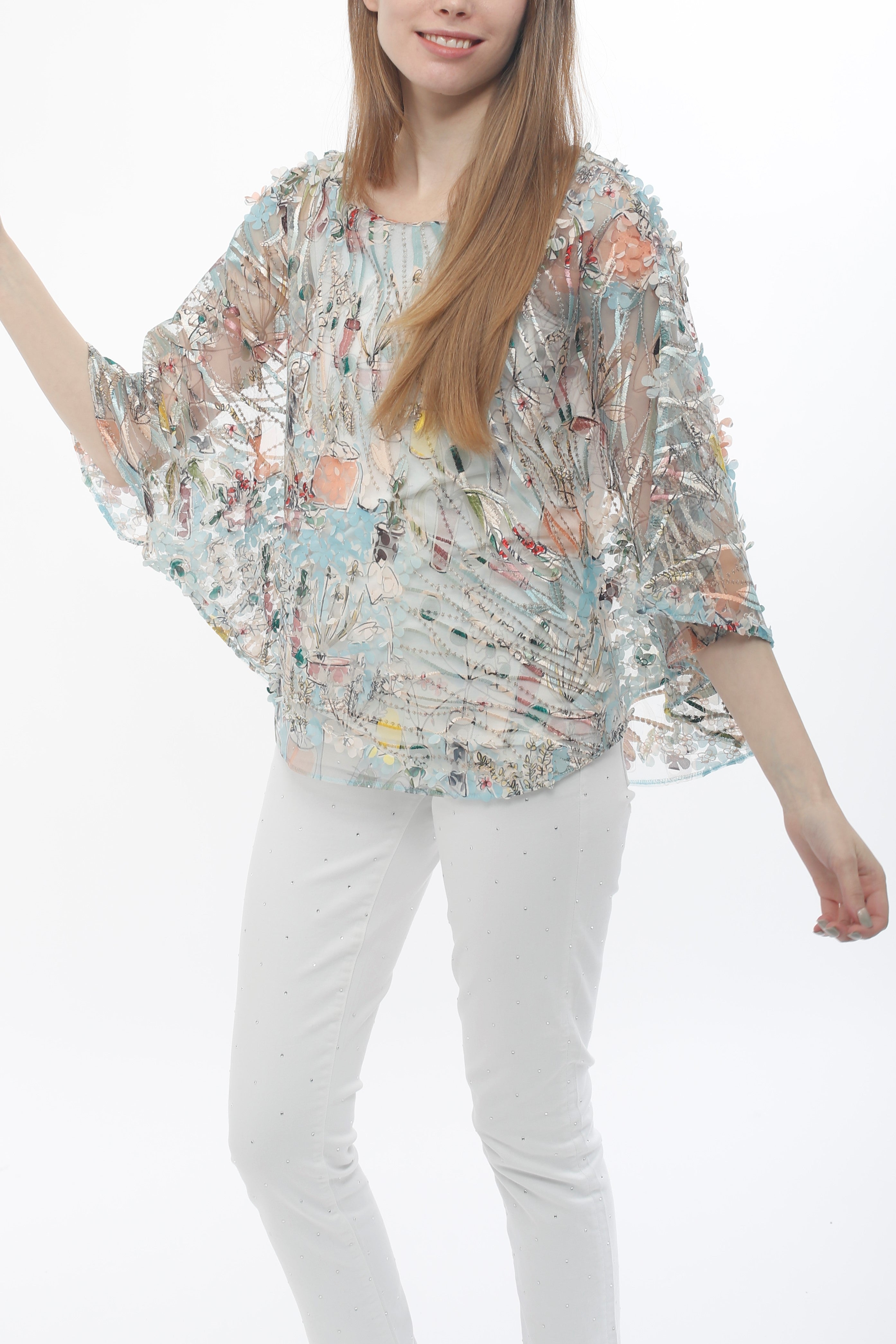 Woven Printed Poncho with Knit Tank