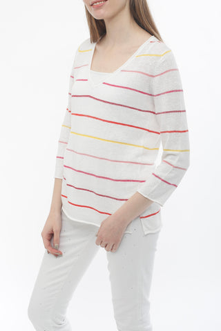 100% Linen Stripe V-neck Pullover
