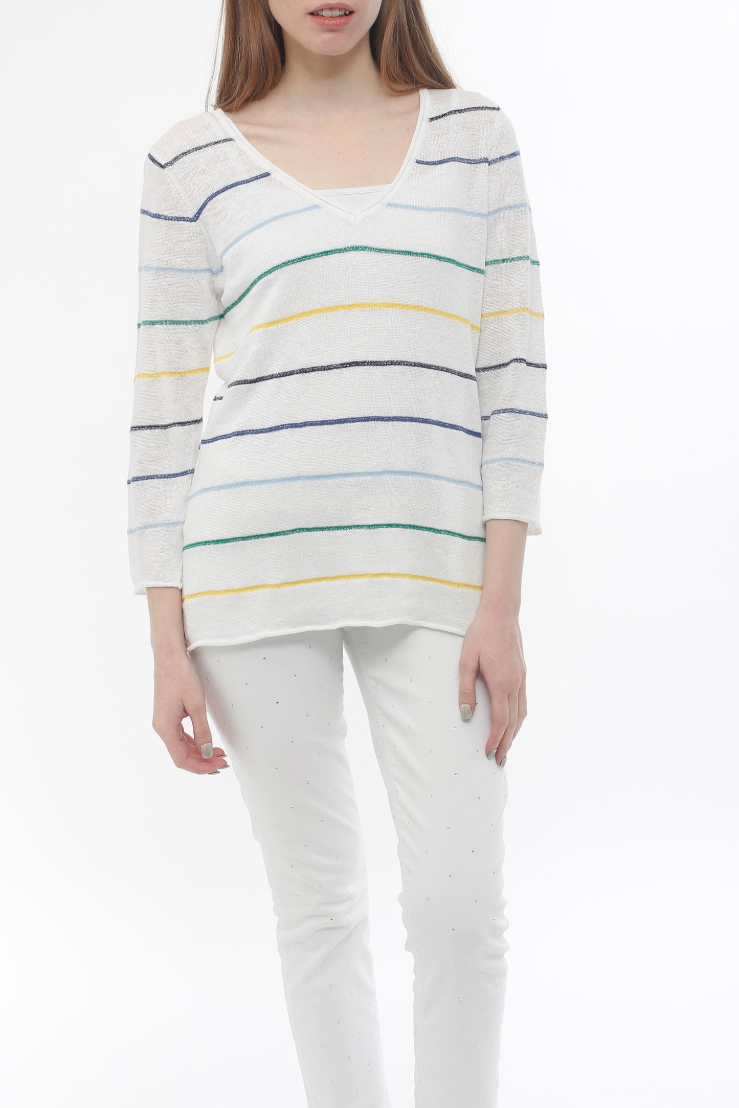 100% Linen Stripe V-neck Pullover