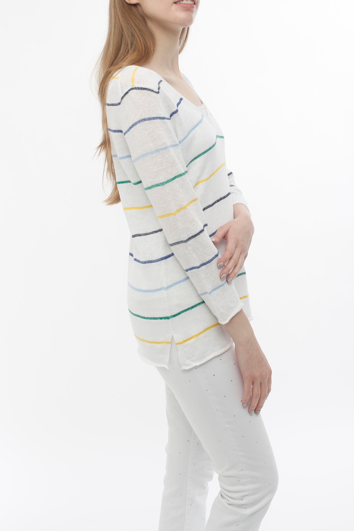 100% Linen Stripe V-neck Pullover