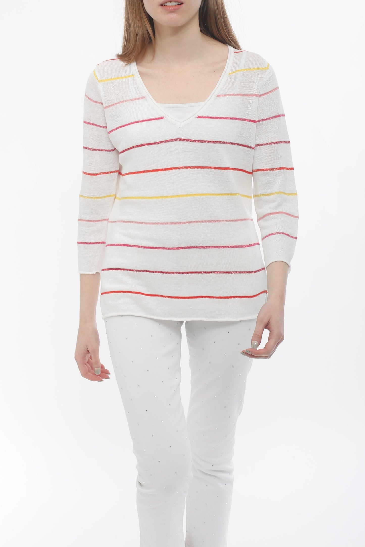 100% Linen Stripe V-neck Pullover