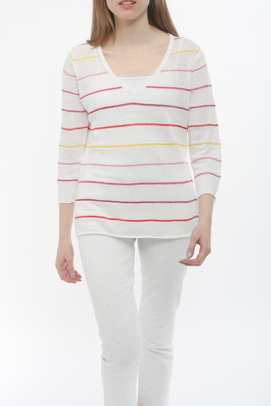 100% Linen Stripe V-neck Pullover