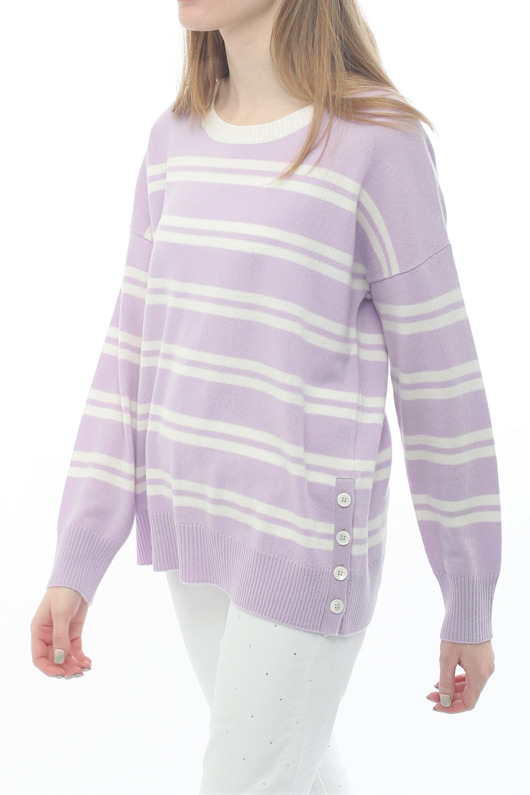 100% Cashmere Stripe With Side Button Detail