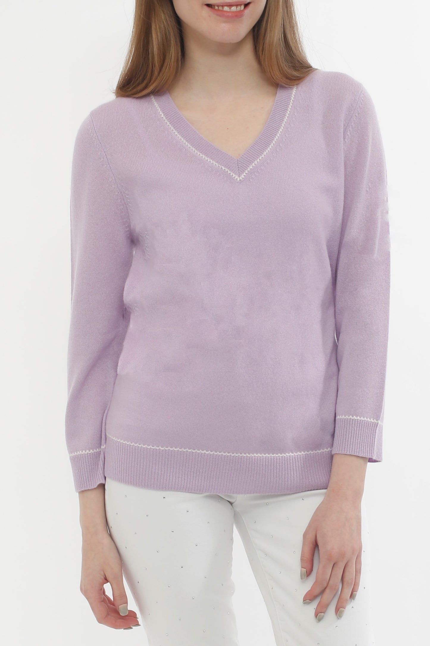 100% Cashmere V Neck Embroidery Pullover