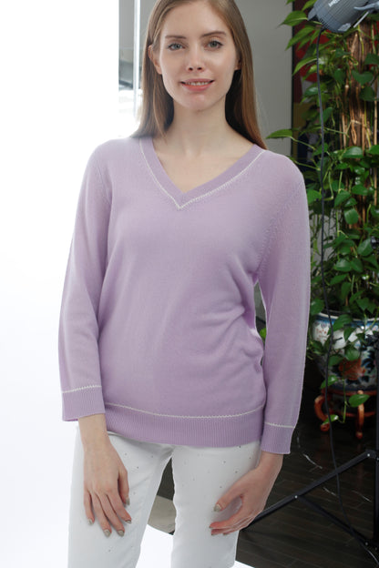 100% Cashmere V Neck Embroidery Pullover