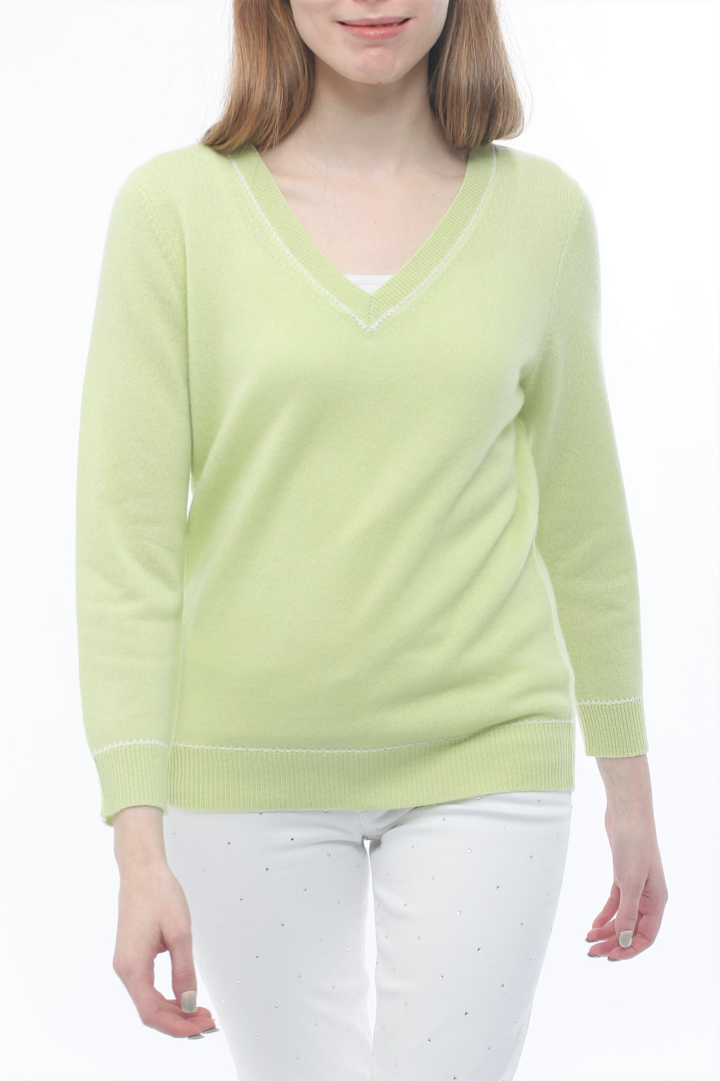 100% Cashmere V Neck Embroidery Pullover