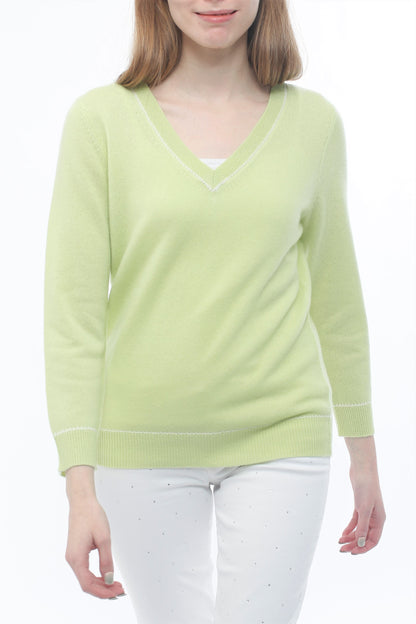 100% Cashmere V Neck Embroidery Pullover